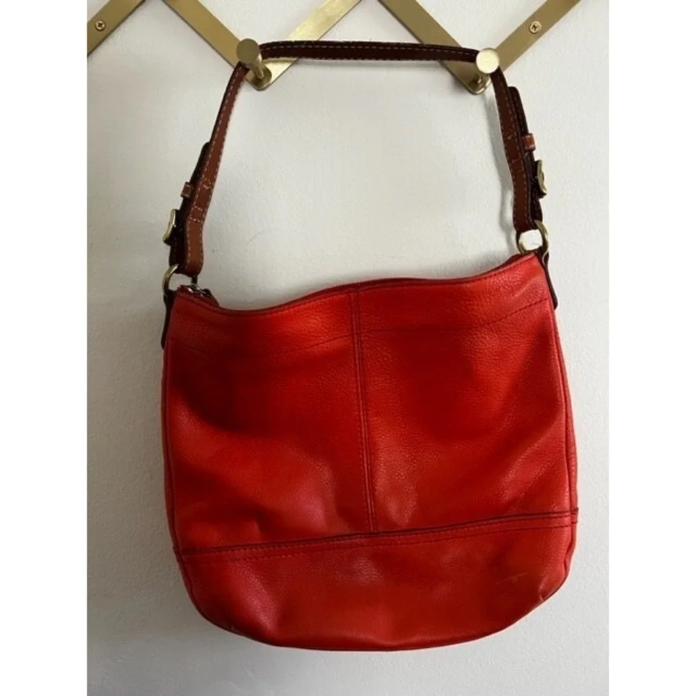 Fossil Explorer Orange Pebbled Leather Hobo Shoulder Bag  Leather Shoulder Strap